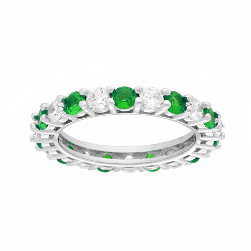 ANELLO ETERNITY VERETTA A GIRO CON CUBIC ZIRCONIA ALTERNATI BIANCHI E VERDE SMERALDO IN ARGENTO 925 GALVANICA RODIO