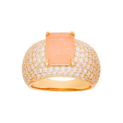 ANELLO FASCIA CON PIETRA NATURALE RETTANGOLARE BAGUETTE QUARZO ROSA E ZIRCONI BIANCHI IN ARGENTO 925 GALVANICA ORO