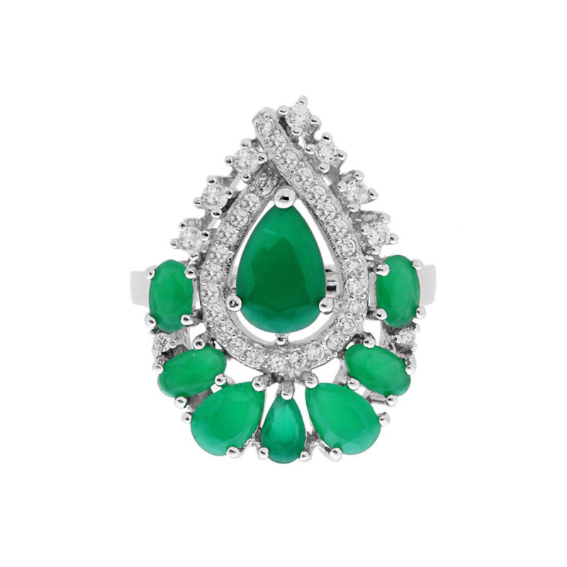 ANELLO GOCCIA CON PIETRE NATURALI VERDE SMERALDO E ZIRCONI BIANCHI IN ARGENTO 925 GALVANICA RODIO