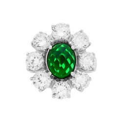 ANELLO HALO SOLITARIO FIORE CON ZIRCONE OVALE VERDE SMERALDO E ZIRCONI BIANCHI IN ARGENTO 925 GALVANICA RODIO