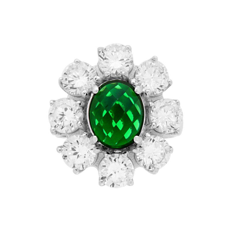 ANELLO HALO SOLITARIO FIORE CON ZIRCONE OVALE VERDE SMERALDO E ZIRCONI BIANCHI IN ARGENTO 925 GALVANICA RODIO