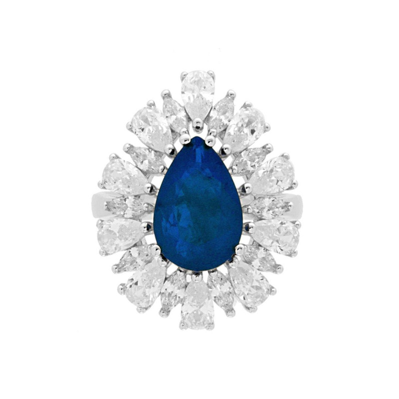 ANELLO GOCCIA CON PIETRA NATURALE BLU ZAFFIRO E ZIRCONI BIANCHI IN ARGENTO 925 GALVANICA RODIO