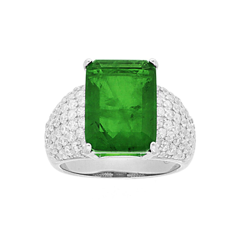 ANELLO FASCIA CON PIETRA NATURALE RETTANGOLARE BAGUETTE VERDE SMERALDO E ZIRCONI BIANCHI IN ARGENTO 925 GALVANICA RODIO