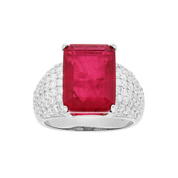 ANELLO FASCIA CON PIETRA NATURALE RETTANGOLARE BAGUETTE ROSSO RUBINO E ZIRCONI BIANCHI IN ARGENTO 925 GALVANICA RODIO