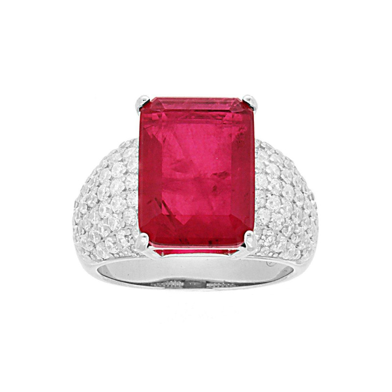 ANELLO FASCIA CON PIETRA NATURALE RETTANGOLARE BAGUETTE ROSSO RUBINO E ZIRCONI BIANCHI IN ARGENTO 925 GALVANICA RODIO