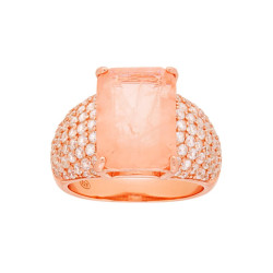 ANELLO FASCIA CON PIETRA NATURALE RETTANGOLARE BAGUETTE QUARZO ROSA E ZIRCONI BIANCHI IN ARGENTO 925 GALVANICA ROSA
