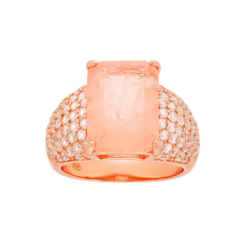 ANELLO FASCIA CON PIETRA NATURALE RETTANGOLARE BAGUETTE QUARZO ROSA E ZIRCONI BIANCHI IN ARGENTO 925 GALVANICA ROSA