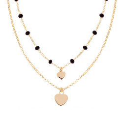 COLLANA DUE FILI CATENA ROLO DIAMANTATA CON CRYSTAL NERI E CUORI PLAIN PENDENTI IN ARGENTO 925 GALVANICA ORO