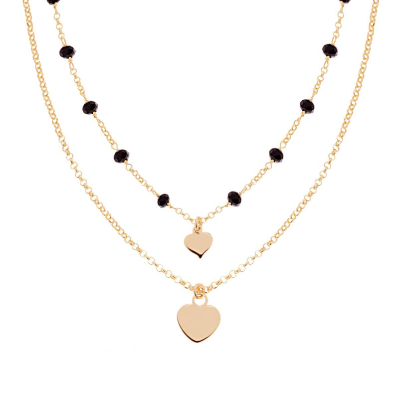 COLLANA DUE FILI CATENA ROLO DIAMANTATA CON CRYSTAL NERI E CUORI PLAIN PENDENTI IN ARGENTO 925 GALVANICA ORO