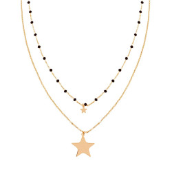 COLLANA LUNGA DUE FILI CATENA ROLO DIAMANTATA CON CRYSTAL NERI E STELLE PLAIN PENDENTI IN ARGENTO 925 GALVANICA ORO