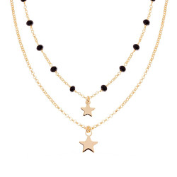 COLLANA DUE FILI CATENA ROLO DIAMANTATA CON CRYSTAL NERI E STELLE PLAIN PENDENTI IN ARGENTO 925 GALVANICA ORO