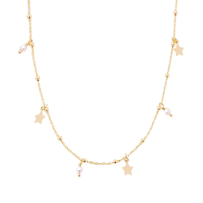 COLLANA CATENA FORZATINA DIAMANTATA CON STELLE E PERLE PENDENTI IN ARGENTO 925 GALVANICA ORO