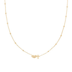 COLLANA CATENA FORZATINA DIAMANTATA CON PALLINE E CUORE CROCE CENTRALE IN ARGENTO 925 GALVANICA ORO