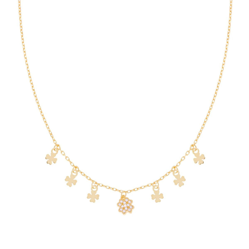 COLLANA CATENA FORZATINA DIAMANTATA CON QUADRIFOGLI PENDENTI E ZIRCONI BIANCHI IN ARGENTO 925 GALVANICA ORO