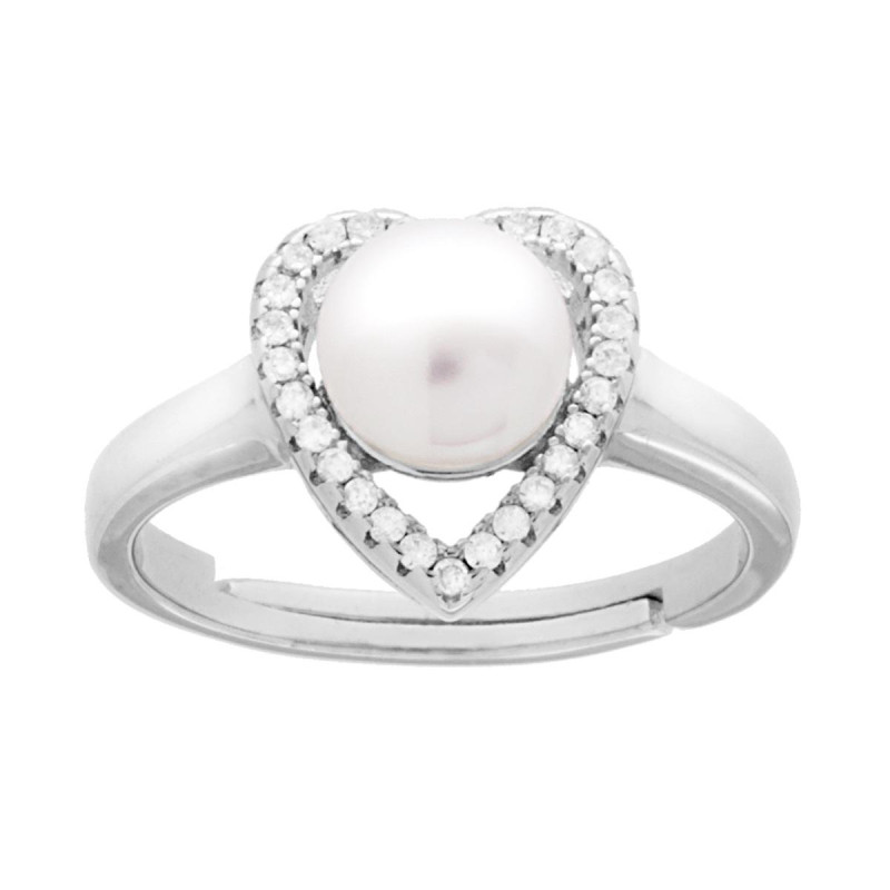 ANELLO CUORE CON PERLA DI FIUME E ZIRCONI BIANCHI IN ARGENTO 925 GALVANICA RODIO