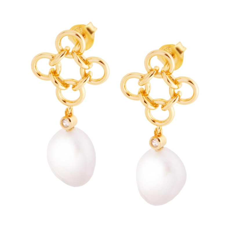 ORECCHINI CON PERLA SCARAMAZZA PENDENTE E ZIRCONE BIANCO IN ARGENTO 925 GALVANICA ORO
