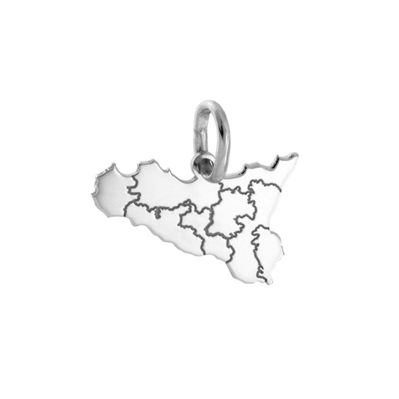 CIONDOLO CON SAGOMA PLAIN A FORMA DI SICILIA MM 13X20 CON INCISIONE PROVINCE IN ARGENTO 925 GALVANICA RODIO