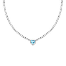 COLLANA TENNIS GRIFFE CM 40+5 CON ZIRCONI BIANCHI CON ZIRCONE CUORE CENTRALE ACQUAMARINA CONTORNATO DA ZIRCONI BIANCHI IN ARGENT