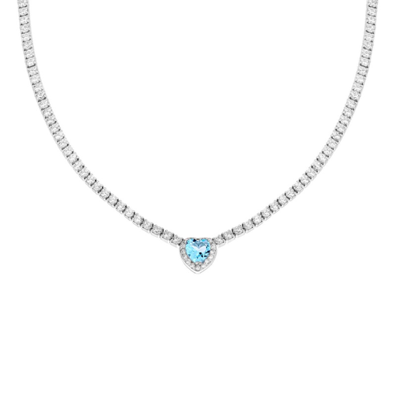 COLLANA TENNIS GRIFFE CM 40+5 CON ZIRCONI BIANCHI CON ZIRCONE CUORE CENTRALE ACQUAMARINA CONTORNATO DA ZIRCONI BIANCHI IN ARGENT