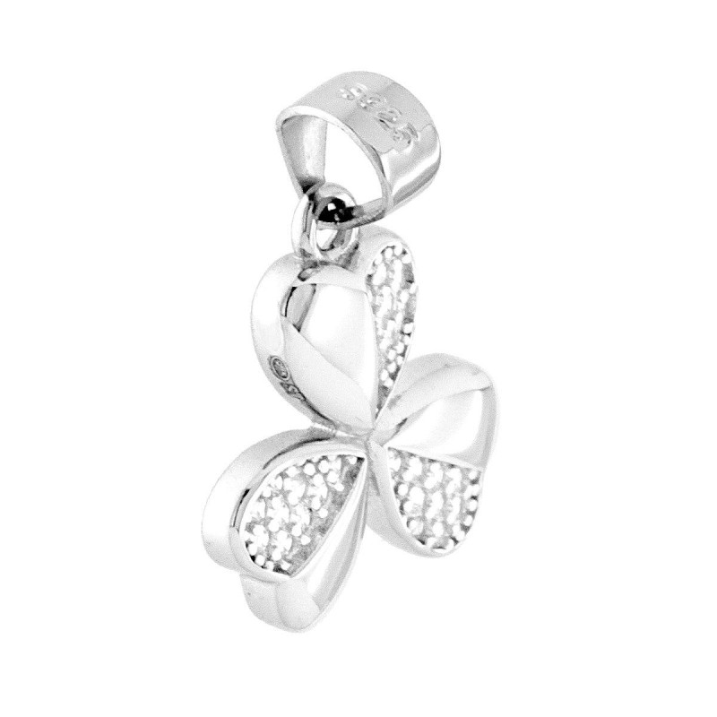 CIONDOLO TRIFOGLIO PORTAFORTUNA CUORI CON ZIRCONI BIANCHI IN ARGENTO 925 GALVANICA RODIO