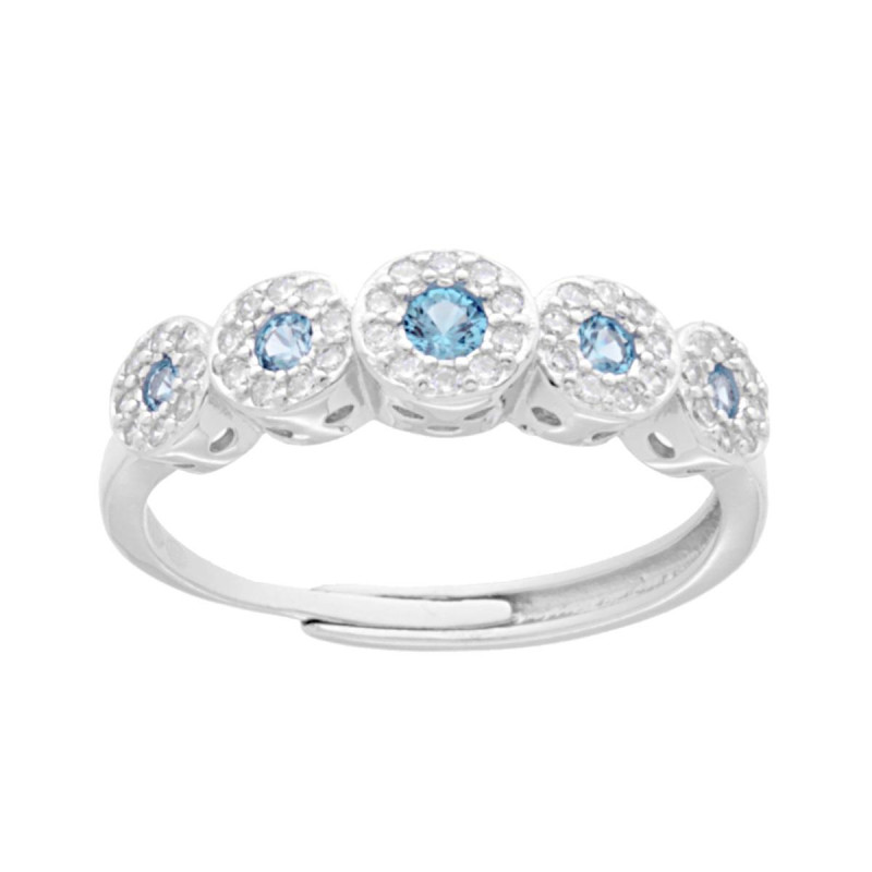 ANELLO VERETTA CUBIC ZIRCONIA ACQUAMARINA CONTORNATO CON CUBIC ZIRCONIA BIANCHI IN ARGENTO 925 GALVANICA RODIO