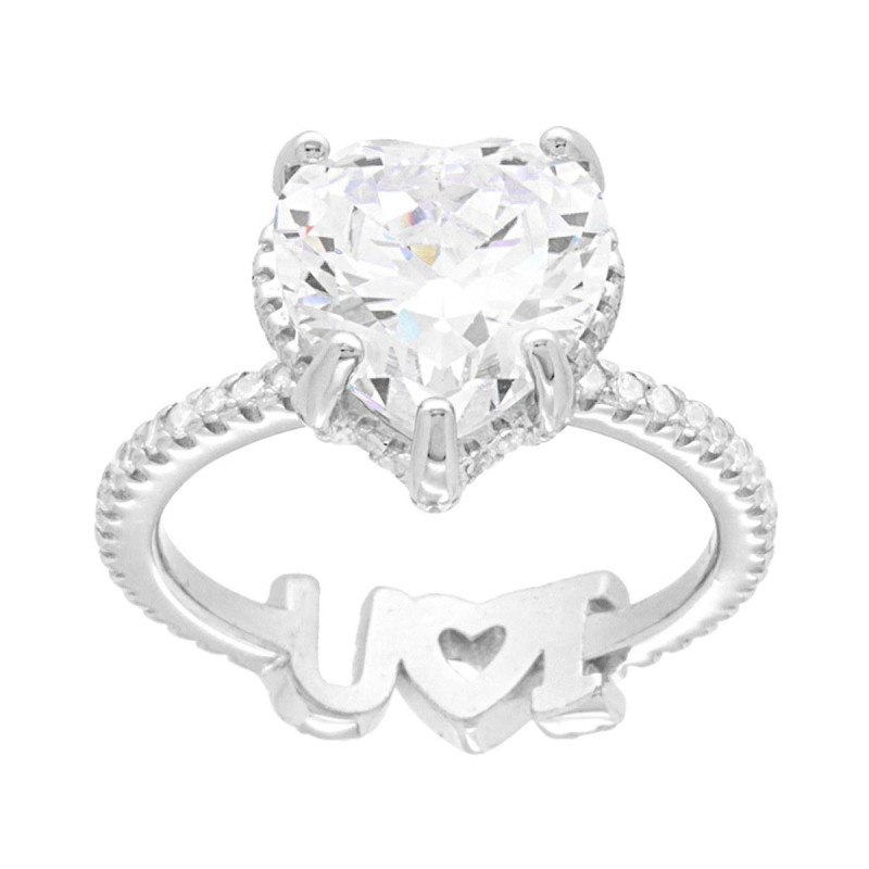 ANELLO ETERNITY SOLITARIO CUORE I LOVE YOU CON CUBIC ZIRCONIA BIANCHI IN ARGENTO 925 GALVANICA RODIO