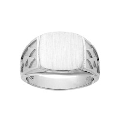 ANELLO CHEVALIER CON SCUDO RETTANGOLARE PLAIN SATINATO DECORO GEOMETRICO IN ARGENTO 925 GALVANICA RODIO