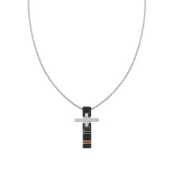 COLLANA UOMO CATENA VENEZIANA TONDA CON CROCE BICOLORE LACCATA NERA IN ACCIAIO