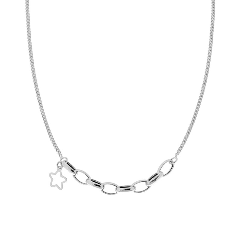 COLLANA CATENA GRUMETTA E FORZATINA OVALE CENTRALE CON STELLA IN ARGENTO 925 GALVANICA RODIO