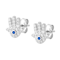 ORECCHINI MANO DI FATIMA CON ZIRCONI BIANCHI E ZIRCONE BLU ZAFFIRO IN ARGENTO 925 GALVANICA RODIO