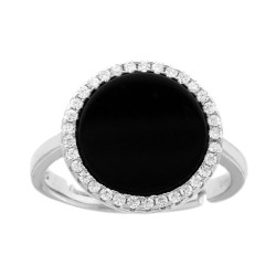 ANELLO TONDO ONICE NERO CONTORNATO DA ZIRCONI BIANCHI IN ARGENTO 925 GALVANICA RODIO