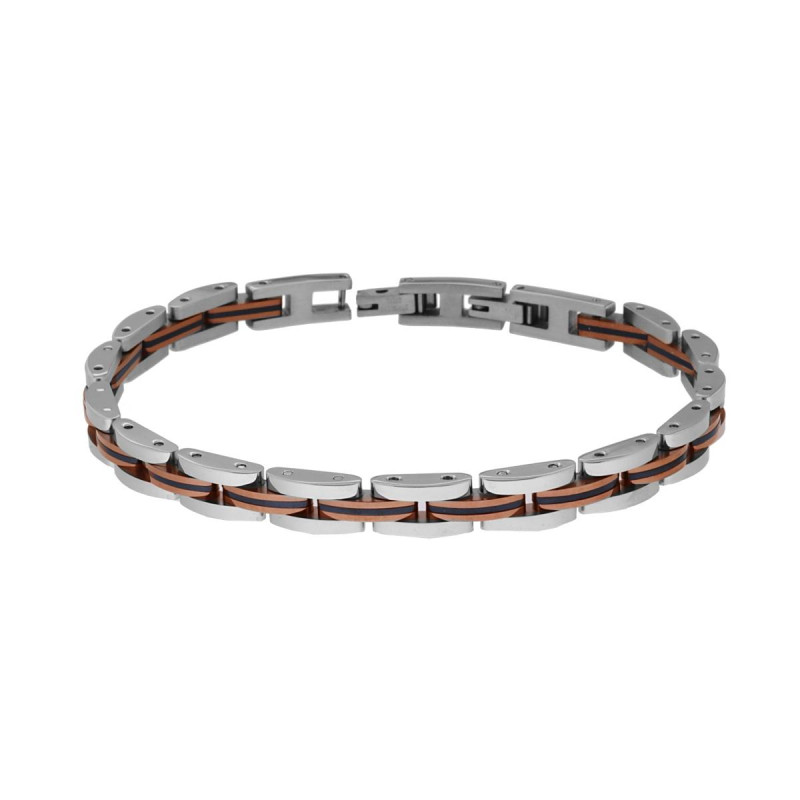 BRACCIALE UOMO MAGLIA IMPERNIATA DETTAGLI IN ROSA E NERO IN ACCIAIO