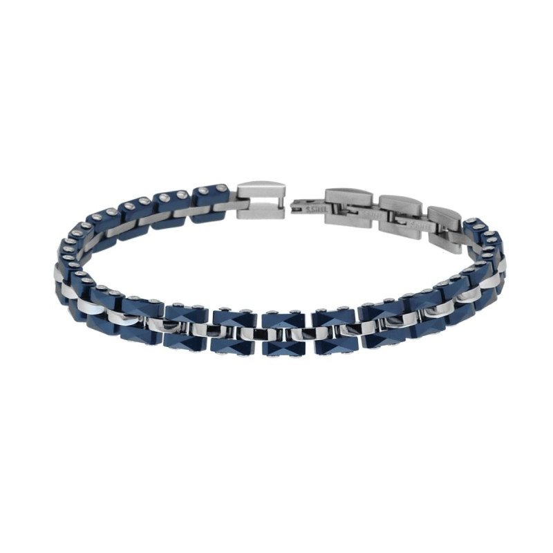 BRACCIALE UOMO MAGLIA IMPERNIATA IN CERAMICA BLU E ACCIAIO