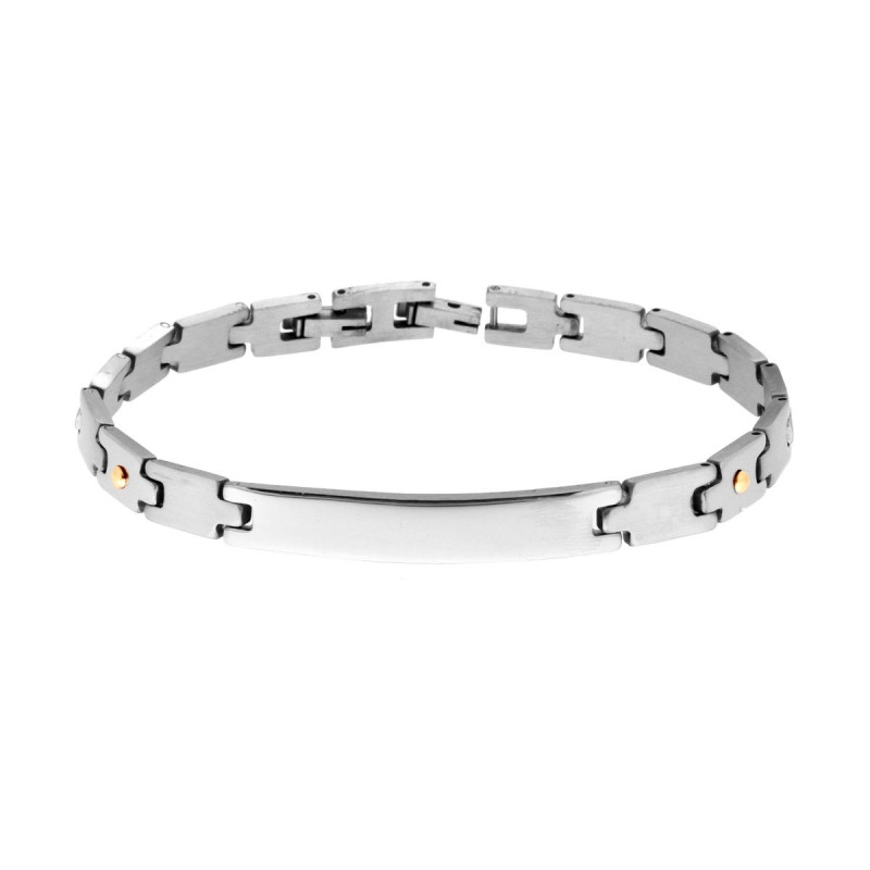 BRACCIALE UOMO MAGLIA IMPERNIATA CON TARGA E CON PUNTI COLORE ORO IN ACCIAIO