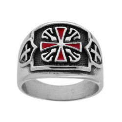 ANELLO UOMO CHEVALIER CON DECORO SIMBOLI MEDIOEVO CROCE TEMPLARI SMALTO ROSSO IN ACCIAIO BRUNITO