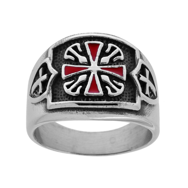 ANELLO UOMO CHEVALIER CON DECORO SIMBOLI MEDIOEVO CROCE TEMPLARI SMALTO ROSSO IN ACCIAIO BRUNITO