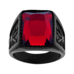 ANELLO UOMO CHEVALIER CON PIETRA RETTANGOLARE ROSSO RUBINO E FOGLIE CANAPA IN ACCIAIO NERO