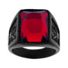 ANELLO UOMO CHEVALIER CON PIETRA RETTANGOLARE ROSSO RUBINO E FOGLIE CANAPA IN ACCIAIO NERO
