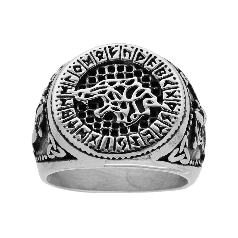 ANELLO UOMO CHEVALIER CON DECORO SIMBOLI ANTICHI E LUPO IN ACCIAIO BRUNITO