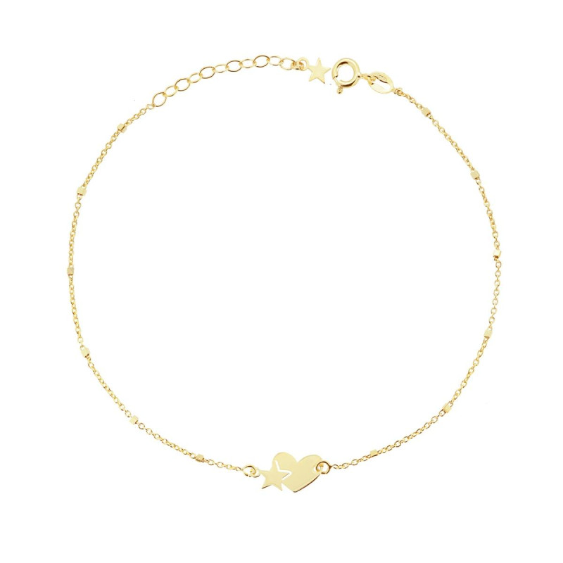 CAVIGLIERA CATENA FORZATINA E CUBETTI A SPECCHIO CON CUORI E STELLE PLAIN IN ARGENTO 925 GALVANICA ORO