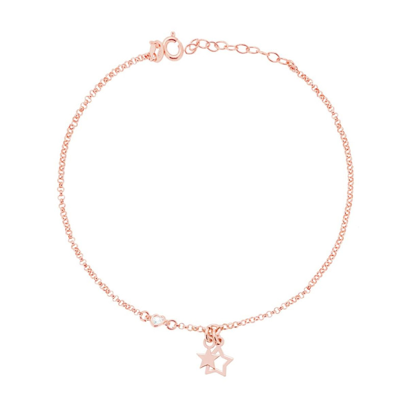 CAVIGLIERA CATENA ROLO DIAMANTATA CON STELLE E ZIRCONE A CUORE BIANCO IN ARGENTO 925 GALVANICA ROSA