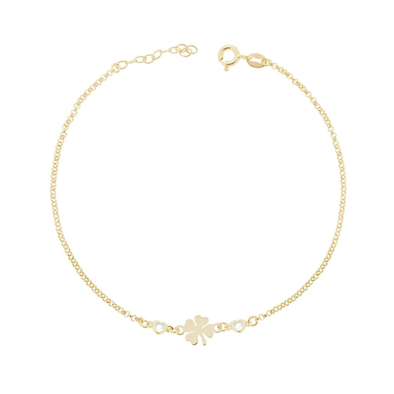 CAVIGLIERA CATENA ROLO DIAMANTATA CON QUADRIFOGLIO E ZIRCONI A CUORE BIANCO IN ARGENTO 925 GALVANICA ORO