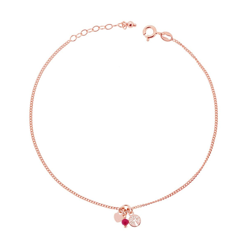 CAVIGLIERA CATENA GRUMETTA DIAMANTATA CON ALBERO DELLA VITA CUORE E PERLINA BORDEAUX IN ARGENTO 925 GALVANICA ROSA