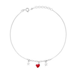 CAVIGLIERA CATENA ROLO DIAMANTATA CON CUORE SMALTO ROSSO E STELLE PLAIN PENDENTI IN ARGENTO 925 GALVANICA RODIO