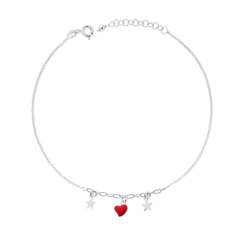 CAVIGLIERA CATENA ROLO DIAMANTATA CON CUORE SMALTO ROSSO E STELLE PLAIN PENDENTI IN ARGENTO 925 GALVANICA RODIO