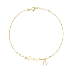CAVIGLIERA CATENA ROLO DIAMANTATA CON SCRITTA LOVE E CUORE PENDENTE IN ARGENTO 925 GALVANICA ORO
