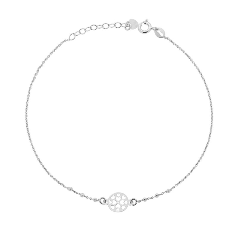 CAVIGLIERA CATENA ROLO DIAMANTATA CON TONDO CON CUORI IN ARGENTO 925 GALVANICA RODIO