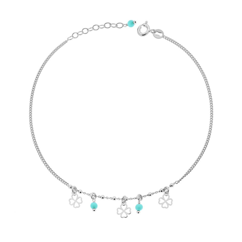CAVIGLIERA CATENA GRUMETTA DIAMANTATA CON QUADRIFOGLI E PERLINE VERDE ACQUA PENDENTI IN ARGENTO 925 GALVANICA RODIO