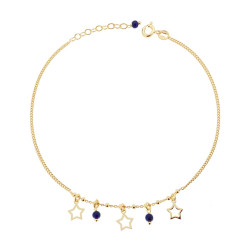 CAVIGLIERA CATENA GRUMETTA DIAMANTATA CON STELLE E PERLINE BLU PENDENTI IN ARGENTO 925 GALVANICA ORO