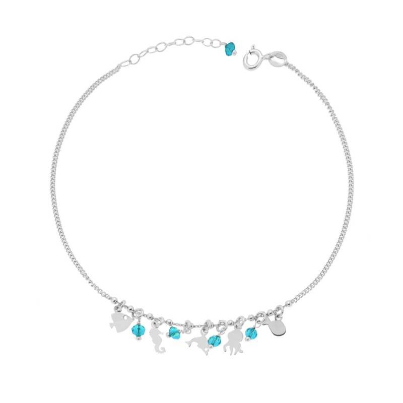 CAVIGLIERA CATENA GRUMETTA DIAMANTATA CON DELFINO PESCE POLIPO CAVALLUCCIO MARINO E CRYSTAL AZZURRI PENDENTI IN ARGENTO 925 GALV